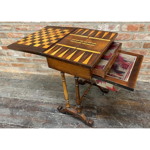 1160 - William IV rosewood games table, the hinged top enclosing an inlaid games board, fitted two drawers ... 