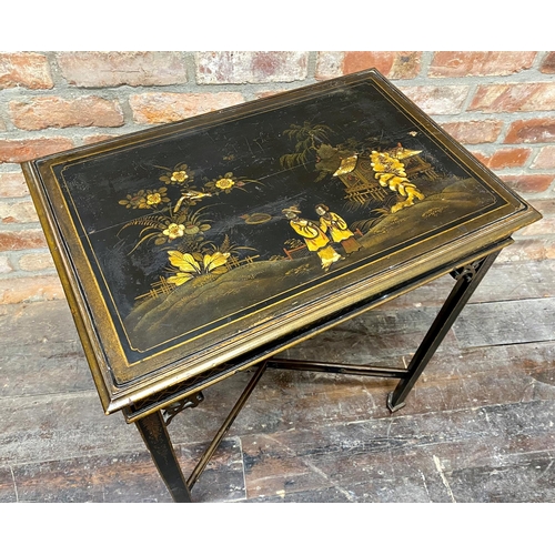 1161 - Chippendale style chinoiserie side table the top decorated in relief with figures in a pagoda garden... 