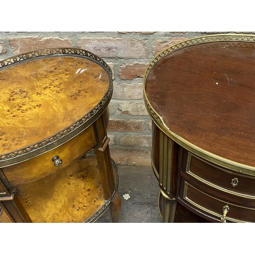 1163 - Two French mahogany and burr walnut night stands, each with raised pierced gallery rail fitted drawe... 