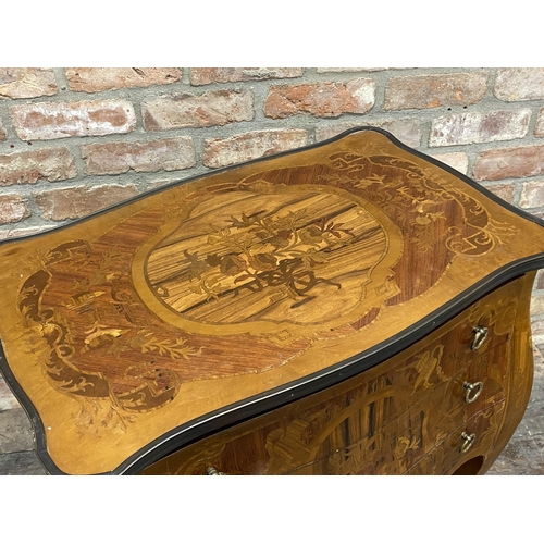 1165 - Good quality Sorrento inlaid serpentine chest of drawers the top with floral still life, brass rail ... 