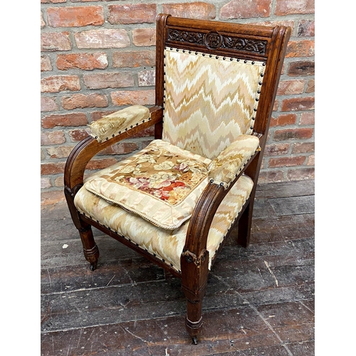 1166 - Ecclesiastical Arts & Crafts oak carver lounge chair the raised oak back carved with a monogram and ... 