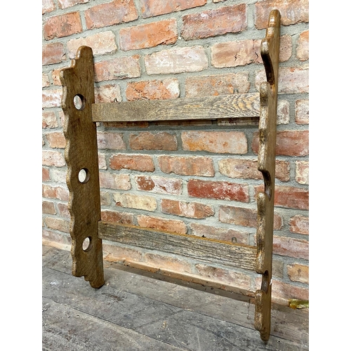 1170 - Vintage oak three tier hanging gun rack, 96cm high x 69cm wide