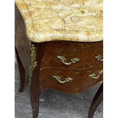 1171 - Pair of French marble top kingwood bedside cabinets with ormolu mounts and serpentine tops, 77cm hig... 