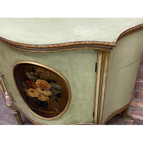 1179 - Early 20th century French green lacquered serpentine side cabinet with gilt arcaded highlights, cent... 