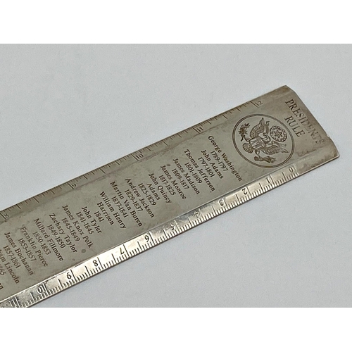 113 - Interesting solid silver 'Presidents Rule' ruler, inscribed with American Presidents and dates in of... 