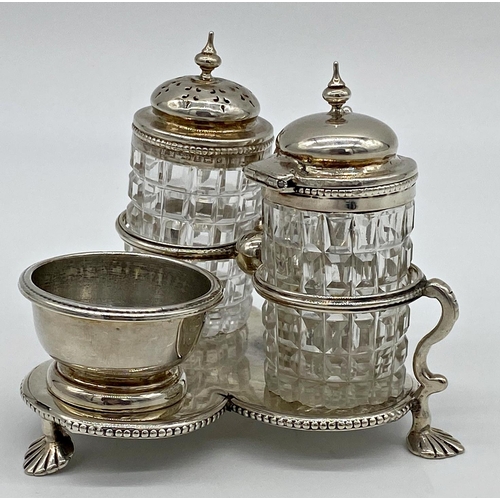 116 - Victorian silver cruet on stand, two silver lidded cut glass bottles and small silver bowl, the stan... 