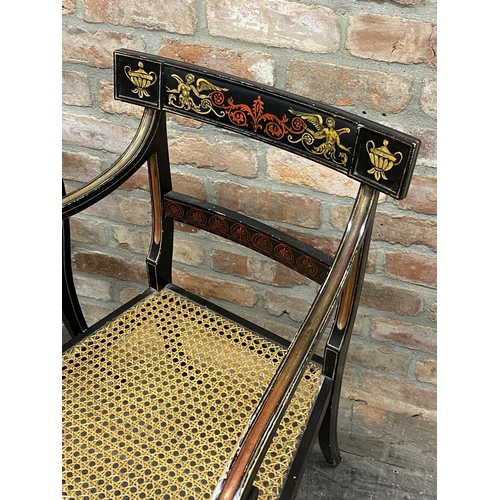 1200 - Good pair of painted Regency Bergere carver chairs the back panel with Sheraton style hand painted a... 