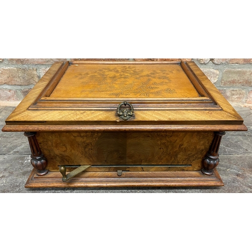 314 - Good quality early 20th century walnut and kingwood music box, the lid with relief decoration of bir... 