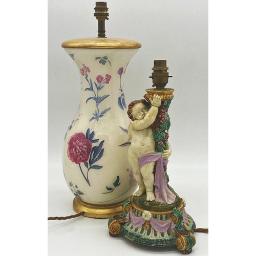 536 - Majolica figural table lamp, 35cm high (af), with a further good quality glass baluster lamp printed... 