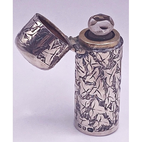 145 - Quality engraved silver scent bottle, in leather box and with glass stopper, maker marks worn, Birmi... 