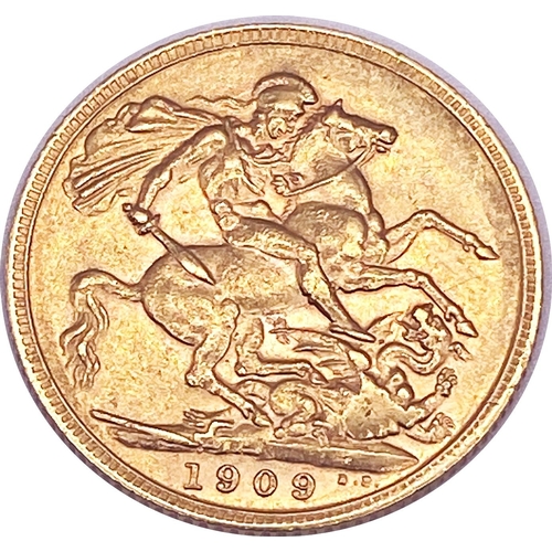 209 - A gold sovereign dated 1909. Weight 7.9 grams approx.