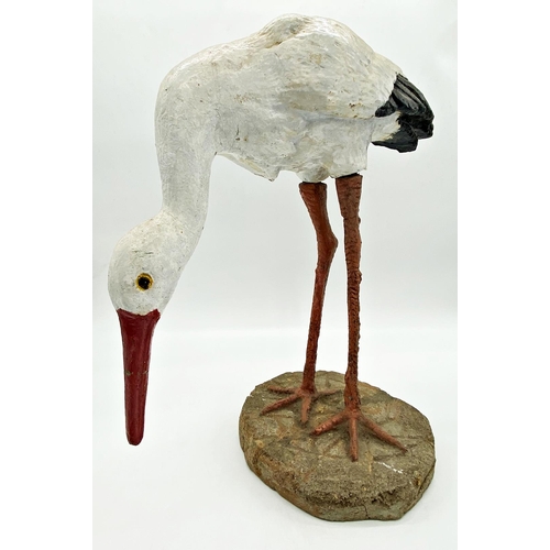 1010 - Good painted stone and iron garden stork, 50cm high