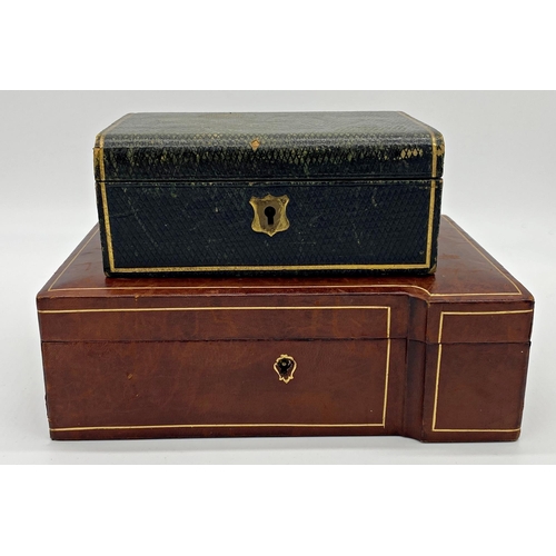 420 - Two gilt tooled leather jewellery boxes, fitted a collection of interesting items to include a tarta... 