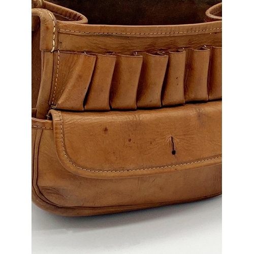 425 - Good quality vintage leather shooter's satchel with stitched leather rack for cartridges and pouches... 