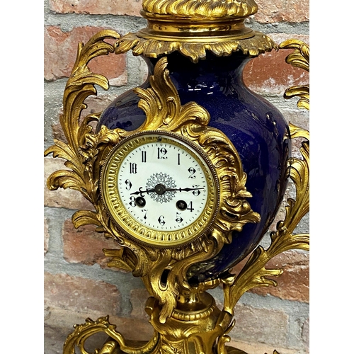 307 - 20th century French ormolu and enamel clock garniture, the clock with twin train drum head movement,... 