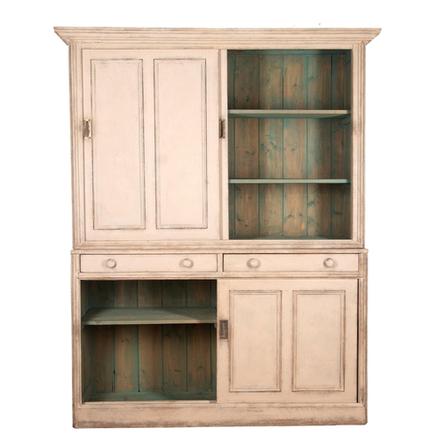 1147 - 19th century painted housekeepers cupboard, the raised back with two slide doors enclosing a shelved... 