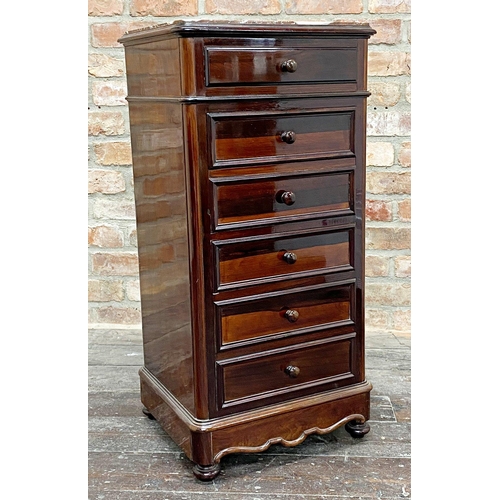 1184 - An early 20th century French rosewood bank of drawers or night cabinet with red veined marble top ov... 