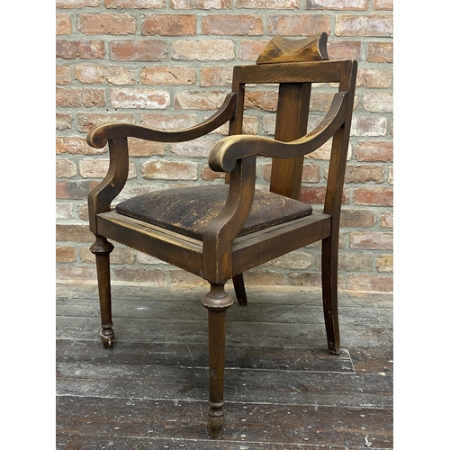 1188 - Unusual Edwardian beech framed barber's chair with adjustable head rest and drop in leather seat