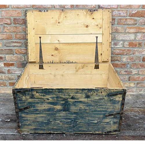 1192 - Vintage scrubbed pine military trunk with twin iron handles and strap work, inscribed MAGJ.F.Warren,... 