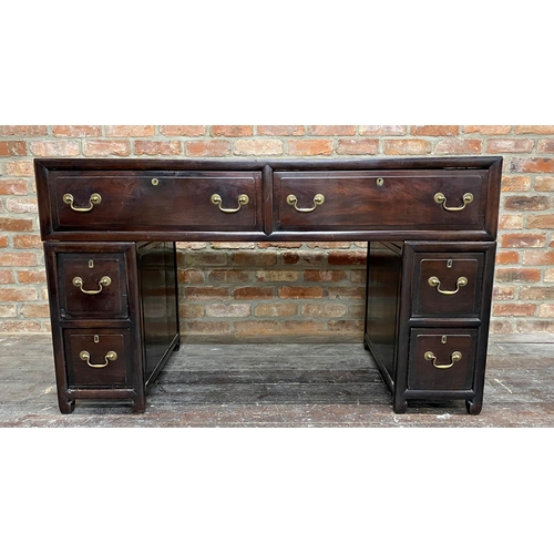 1124 - 19th century Chinese padouk twin pedestal sideboard or desk, fitted with an arrangement of six drawe... 