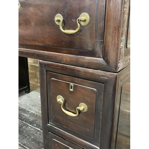 1124 - 19th century Chinese padouk twin pedestal sideboard or desk, fitted with an arrangement of six drawe... 