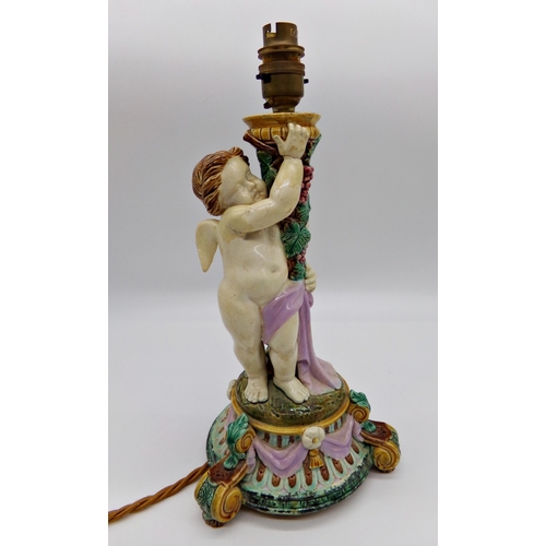 536 - Majolica figural table lamp, 35cm high (af), with a further good quality glass baluster lamp printed... 