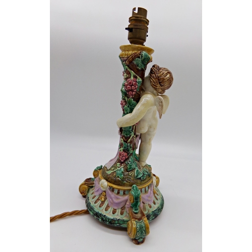 536 - Majolica figural table lamp, 35cm high (af), with a further good quality glass baluster lamp printed... 