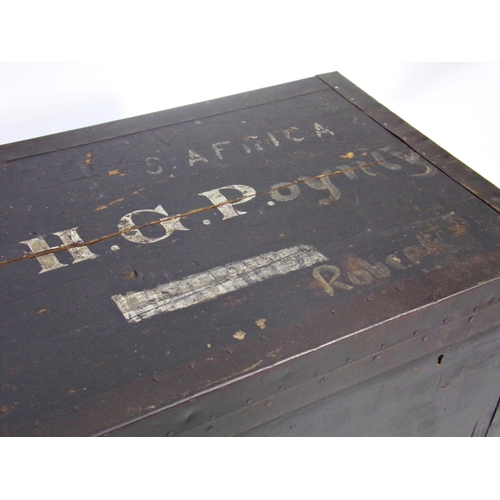 1227 - Good antique naval ebonised merchants chest, steel bound, the hinged lid inscribed H.G.P. and S. AFR... 