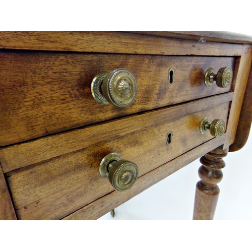 1127 - Regency mahogany twin drawer pembroke table, on four turned legs with brass casters, 72 x 88cm (exte... 