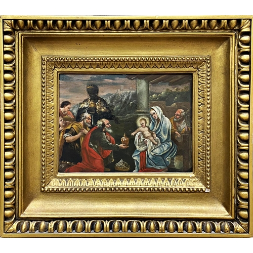 1305 - 19th century school - The holy birth, oil on panel, 23 x 31cm, framed