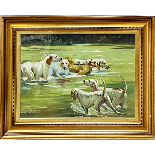 1317 - Early 20th century school - Pair of hunting hound scenes - Foxhounds in water and Foxhound bitch wit... 