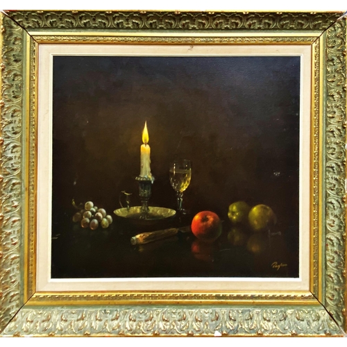 1319 - 20th century school - still life of candlelit table with fruit and wine, signed Payton, oil on canva... 