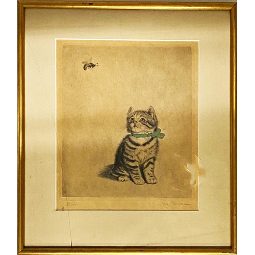 1335 - Meta Plückebaum (German, 1876-1954), 'Bzzzzz', Kitten watching a Bee, singed and titled, etching wit... 