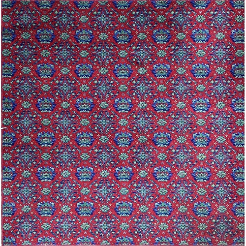 1084 - Axminister carpet with geometric medallions on a red ground, 285 x 285cm with Turkish three medallio... 