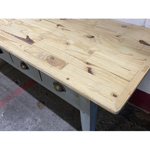 1220 - Good reclaimed pine refectory table, stripped top, painted base with five small drawers, 77cm high x... 