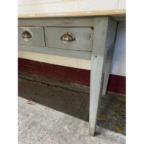 1220 - Good reclaimed pine refectory table, stripped top, painted base with five small drawers, 77cm high x... 