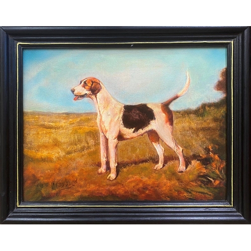 1354 - 20th century English school - portrait of a standing hound, indistinctly signed Cowburn?, oil on can... 