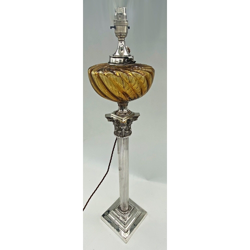 1064 - Good quality Corinthian column converted oil lamp, with amber glass reservoir, 78cm high