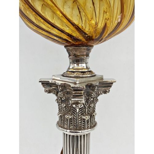 1064 - Good quality Corinthian column converted oil lamp, with amber glass reservoir, 78cm high