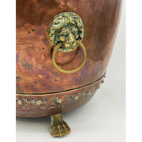 1016 - Good antique riveted copper log bin, twin brass lion head ring handles, cast paw feet, 36cm high x 4... 