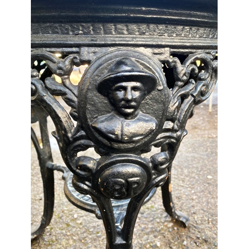 1022 - Good cast iron base pub or garden table, with Baden Powell casting, 75cm high x 68cm diameter