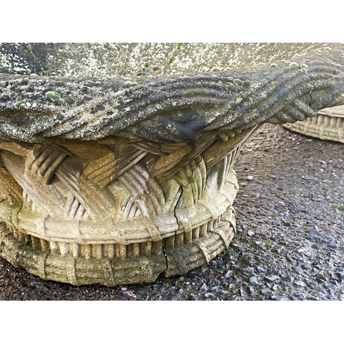 1023 - Large pair of reconstituted stone flared planters, with lattice decoration, 37cm high x 87cm diamete... 
