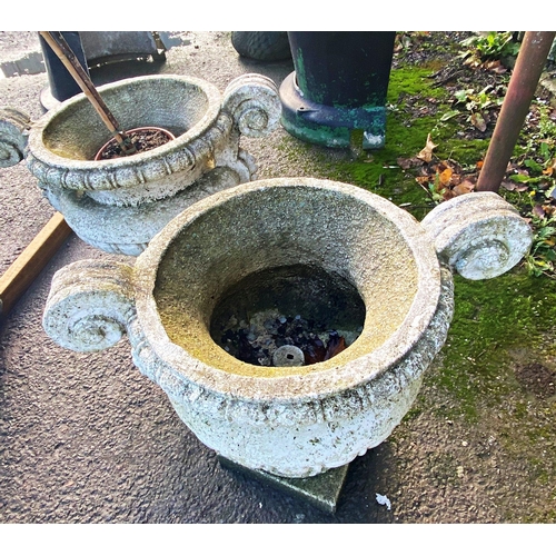 1025 - Pair of reconstituted stone campagna urns, with original paint, 61cm high x 72cm wide