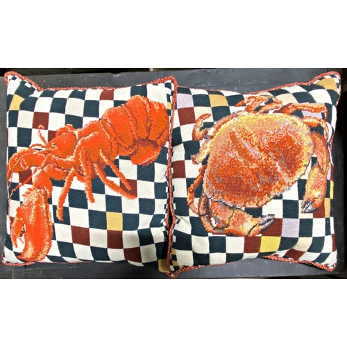 1119 - Pair of woolwork cushions, decorated with a crab and a lobster, 40 x 40cm