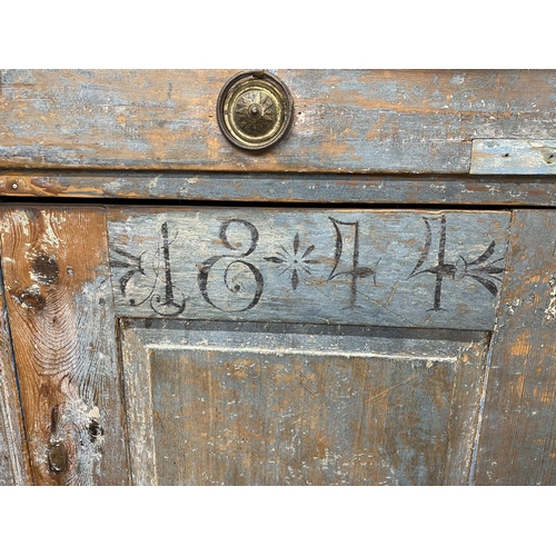 1236 - Period Gustavian washed pine high board with original paint, monogrammed GED and dated 1844, raised ... 