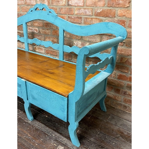 1141 - A Gustavian style painted pine hall bench, the raised back of serpentine form with ribbon mounts, wi... 