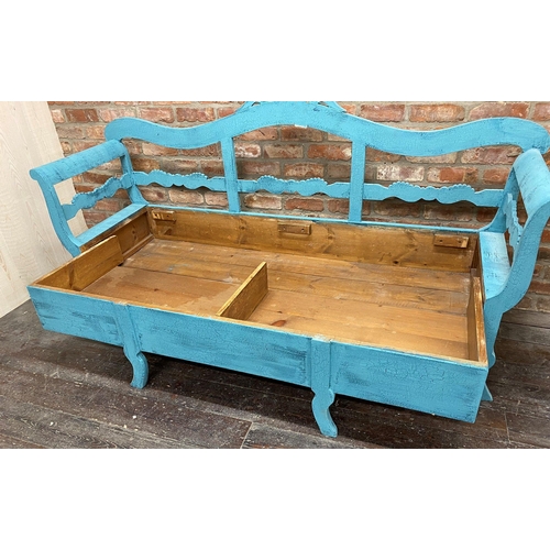 1141 - A Gustavian style painted pine hall bench, the raised back of serpentine form with ribbon mounts, wi... 