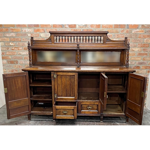 1153 - Good early 20th century oak sideboard in the manner of Charles Locke Eastlake, raised mirror back, w... 