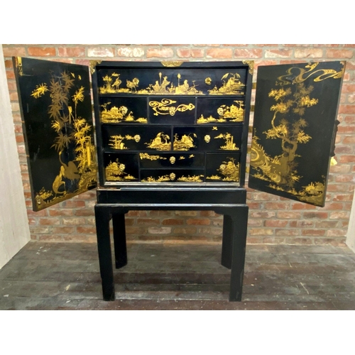 1183 - George III ebonised chinoiserie specimen cabinet, the twin doors with good pierced and engraved bras... 