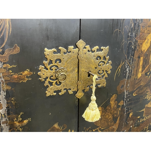 1183 - George III ebonised chinoiserie specimen cabinet, the twin doors with good pierced and engraved bras... 